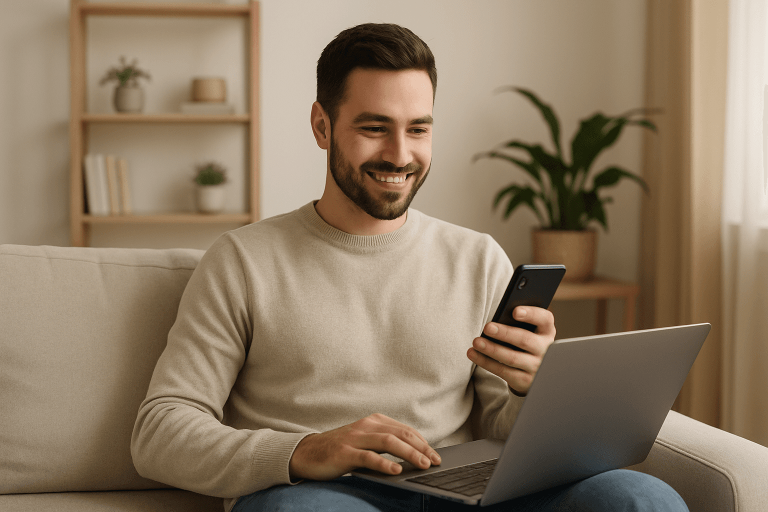 Persona usando celular y portátil para solicitar un crédito personal